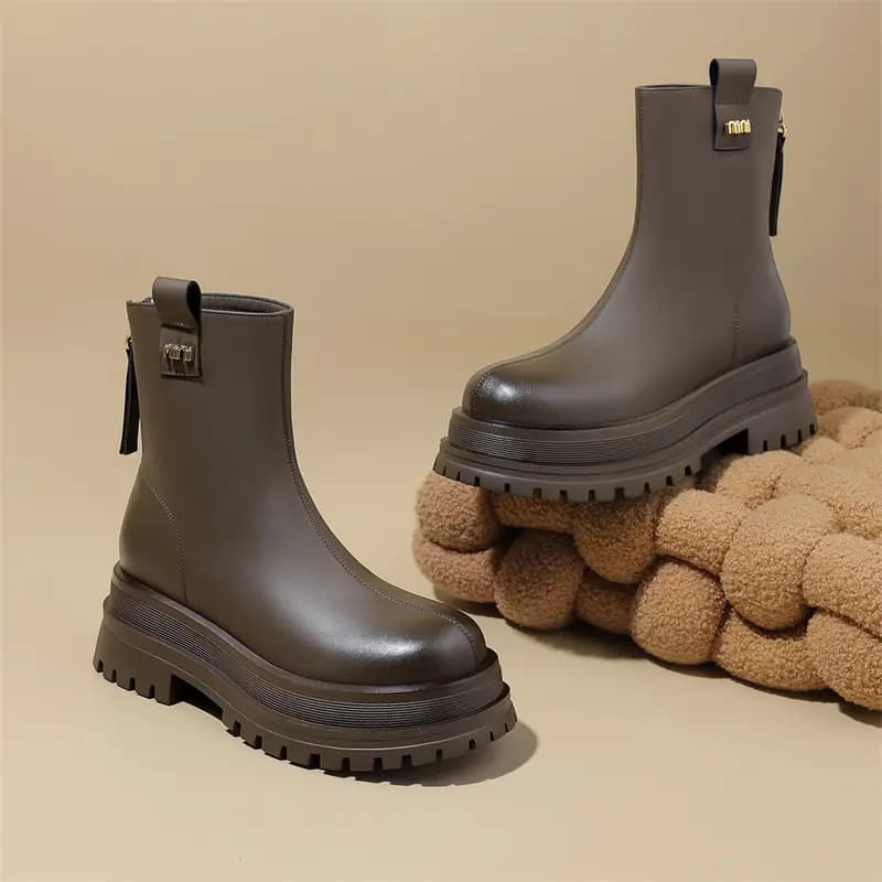 JOSINY Winter Fleece-Lined Warm Retro Round Toe British Style Thick Sole Petite Heightening Short Boots Women's 10
