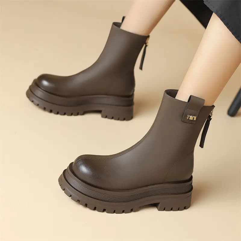 JOSINY Winter Fleece-Lined Warm Retro Round Toe British Style Thick Sole Petite Heightening Short Boots Women's 9