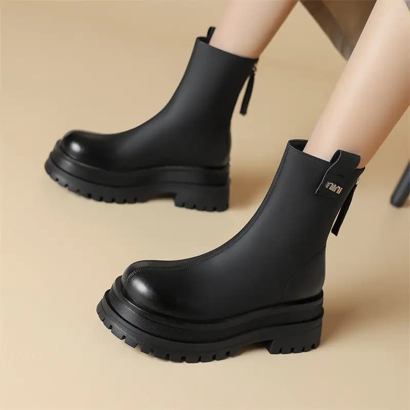 JOSINY Winter Fleece-Lined Warm Retro Round Toe British Style Thick Sole Petite Heightening Short Boots Women's 4