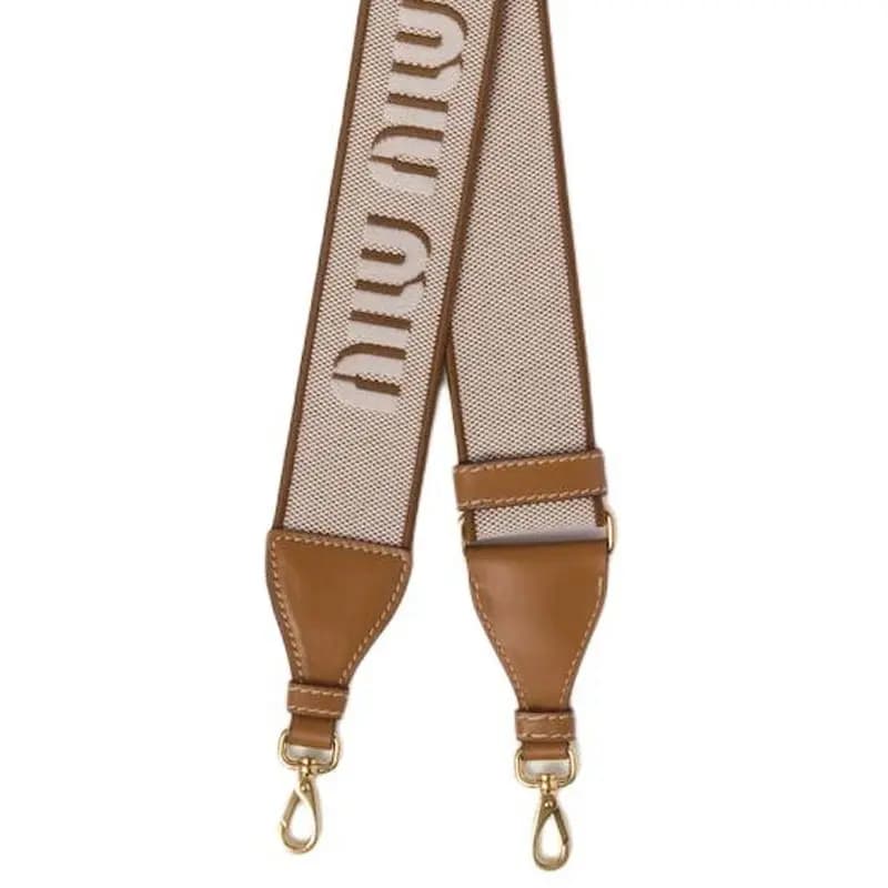 MIU MIU Front Logo Pattern Fabric and Leather Shoulder Strap Qadın Karamel 3