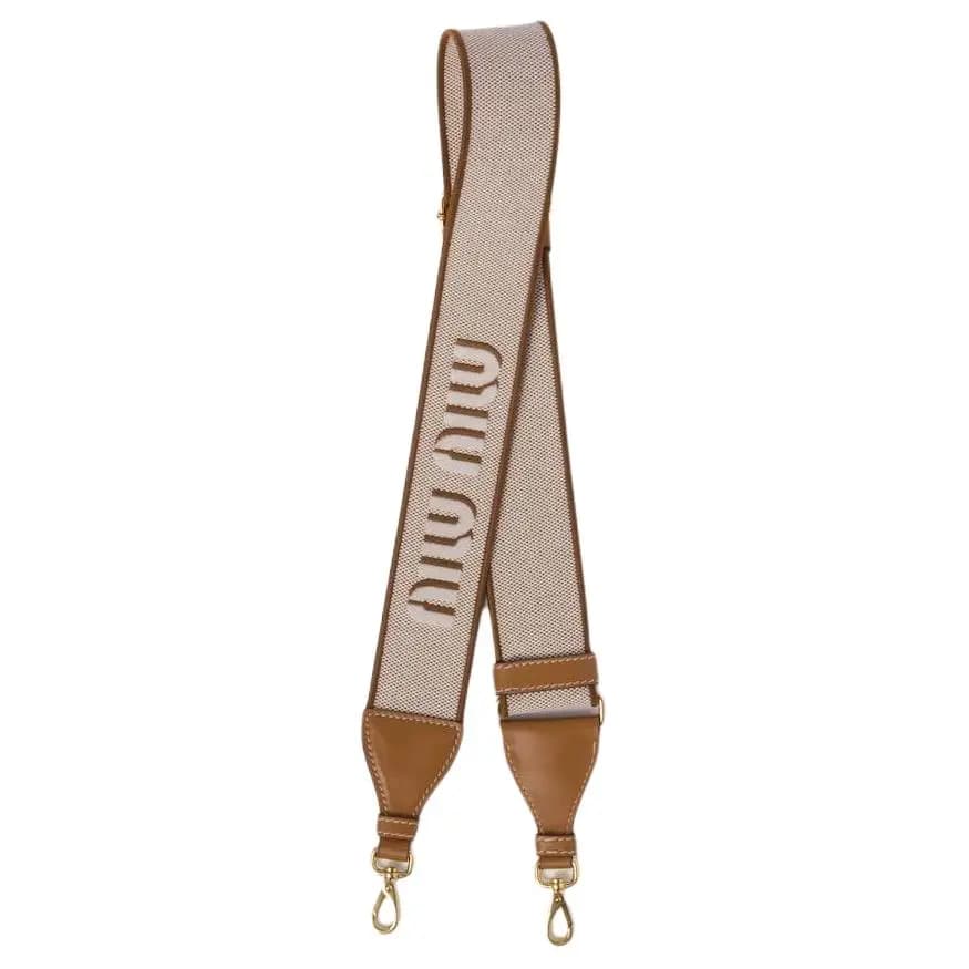 MIU MIU Front Logo Pattern Fabric and Leather Shoulder Strap Qadın Karamel