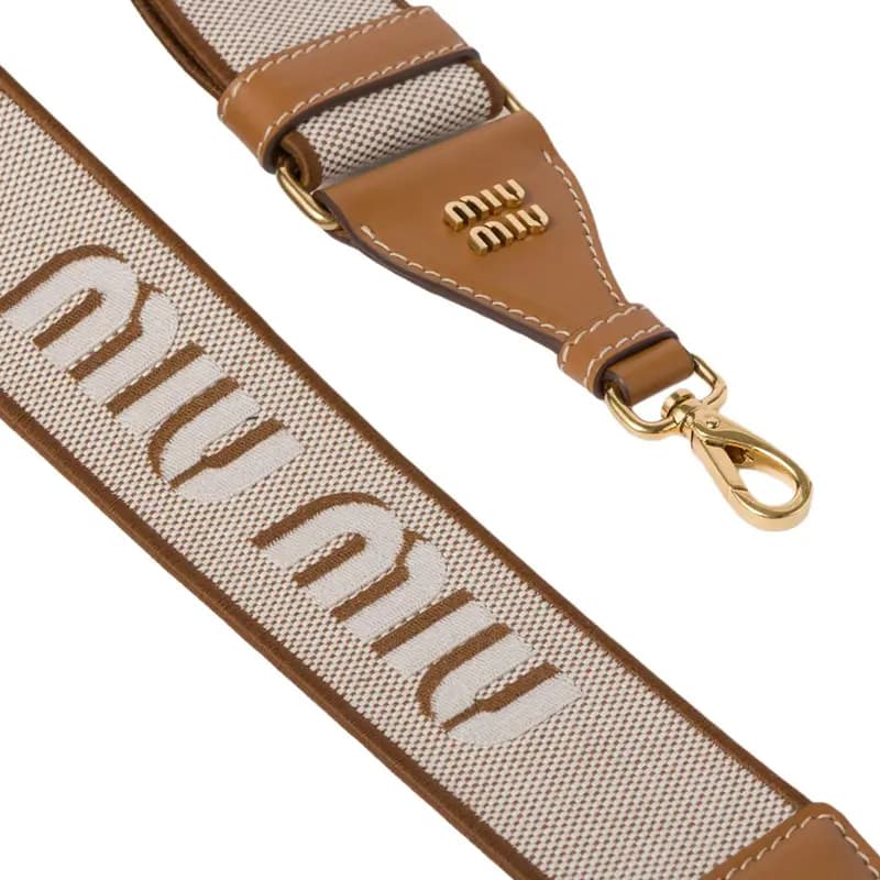 MIU MIU Front Logo Pattern Fabric and Leather Shoulder Strap Qadın Karamel 2