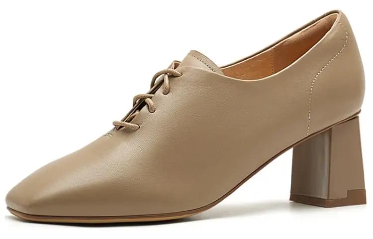 HARSON Sheepskin French Vintage Square Toe Versatile Lace-Up Chunky Heel Pumps 6cm Women's 4