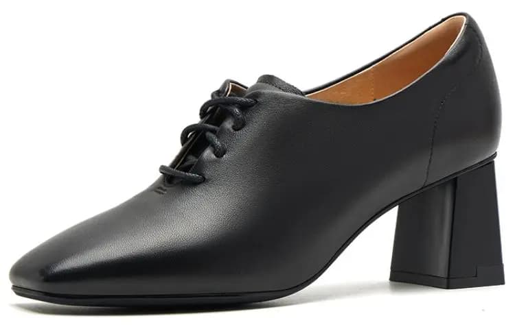 HARSON Sheepskin French Vintage Square Toe Versatile Lace-Up Chunky Heel Pumps 6cm Women's 2