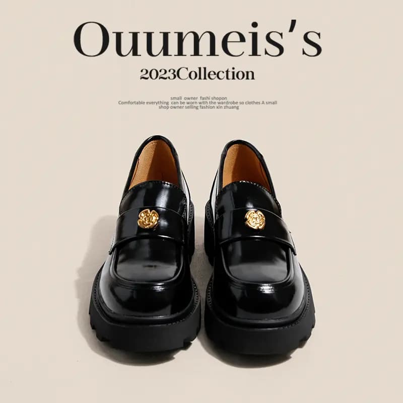 ouumeis Leather OL Fashion Versatile Chunky Sole Loafers 5cm Women's 6