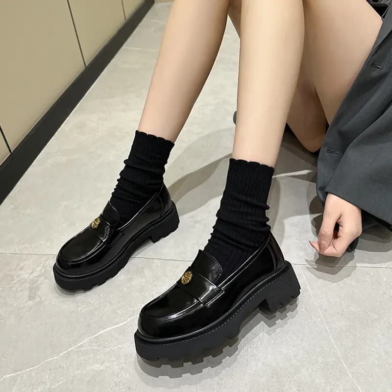 ouumeis Leather OL Fashion Versatile Chunky Sole Loafers 5cm Women's 8