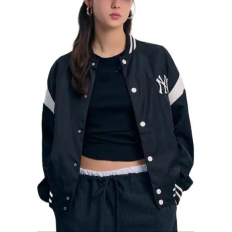 MLB SS24 New York Yankees Logo Shoulder Color-Block Button Cardigan Baseball Jacket Unisex Black 4