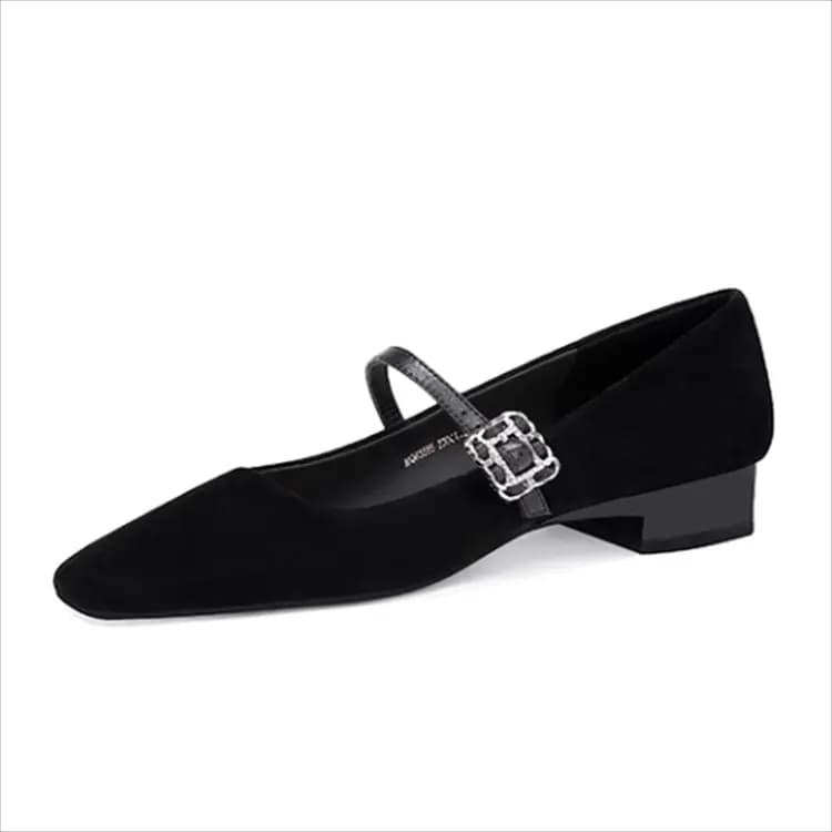 JESSICA SOPHIA Sheepskin Rhinestone Buckle Strap Square-Toe Block Heel Mary Jane Shoes Women's