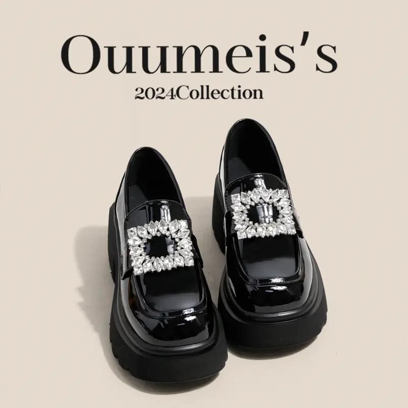 Ouumeis Patent Leather Thick Chunky Heel Fashion Snowflake Buckle Loafers 7cm Women's 7