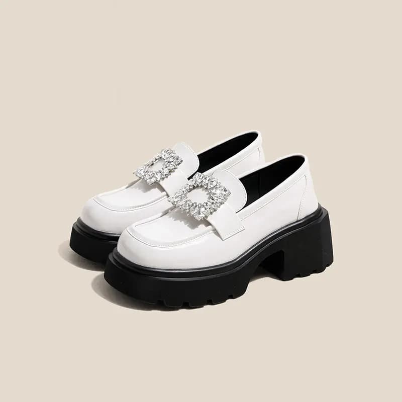 Ouumeis Patent Leather Thick Chunky Heel Fashion Snowflake Buckle Loafers 7cm Women's 3
