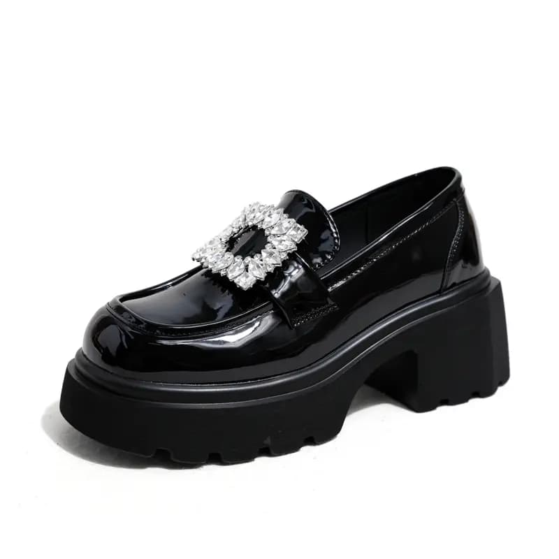 Ouumeis Patent Leather Thick Chunky Heel Fashion Snowflake Buckle Loafers 7cm Women's 6