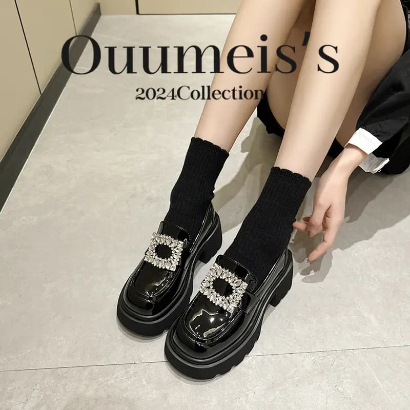 Ouumeis Patent Leather Thick Chunky Heel Fashion Snowflake Buckle Loafers 7cm Women's 9