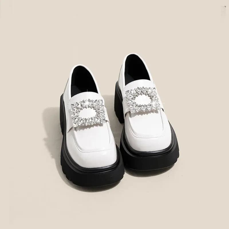 Ouumeis Patent Leather Thick Chunky Heel Fashion Snowflake Buckle Loafers 7cm Women's 4