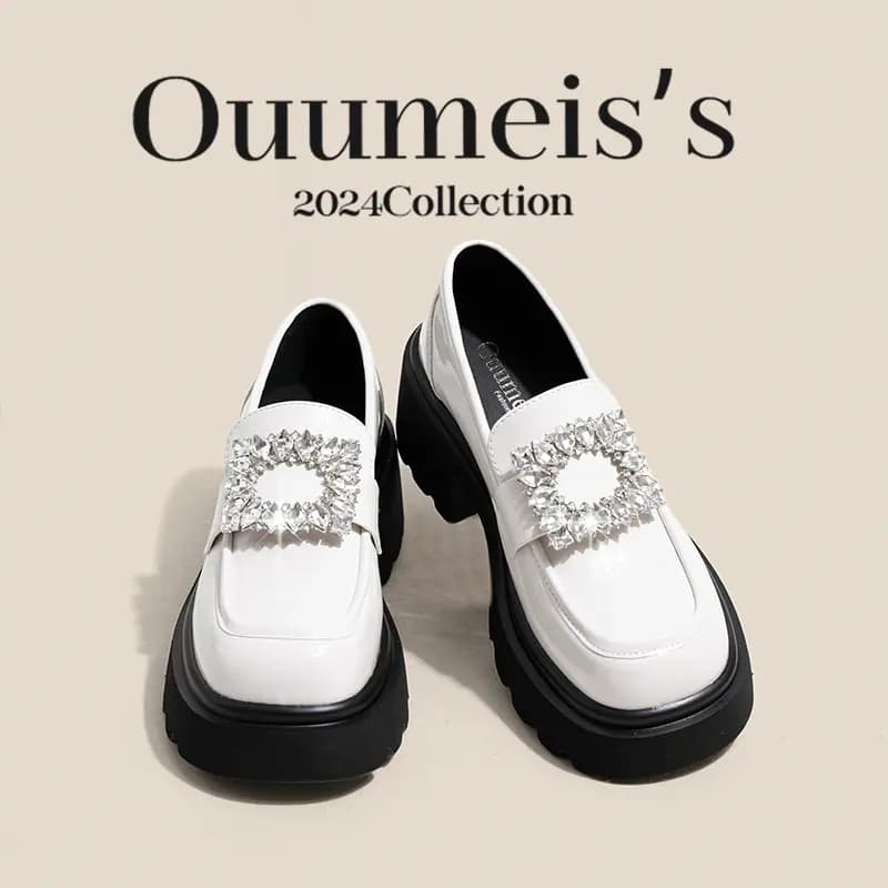 Ouumeis Patent Leather Thick Chunky Heel Fashion Snowflake Buckle Loafers 7cm Women's 2