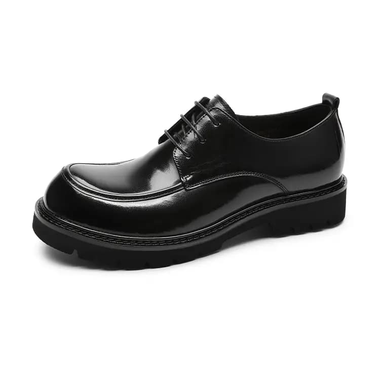 GOLDLION Cowhide Leather Fashion Simple Shiny Thick Sole Height-Increasing Big Head Dress Shoes Men's Black 2