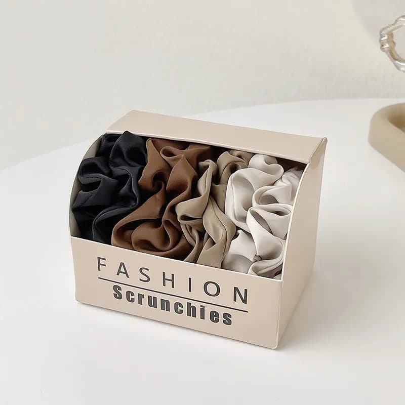 CHIMERA Apricot Brown Black Satin Boxed Scrunchie 8-Piece Set Women's Basic Ponytail Hair Bands 9