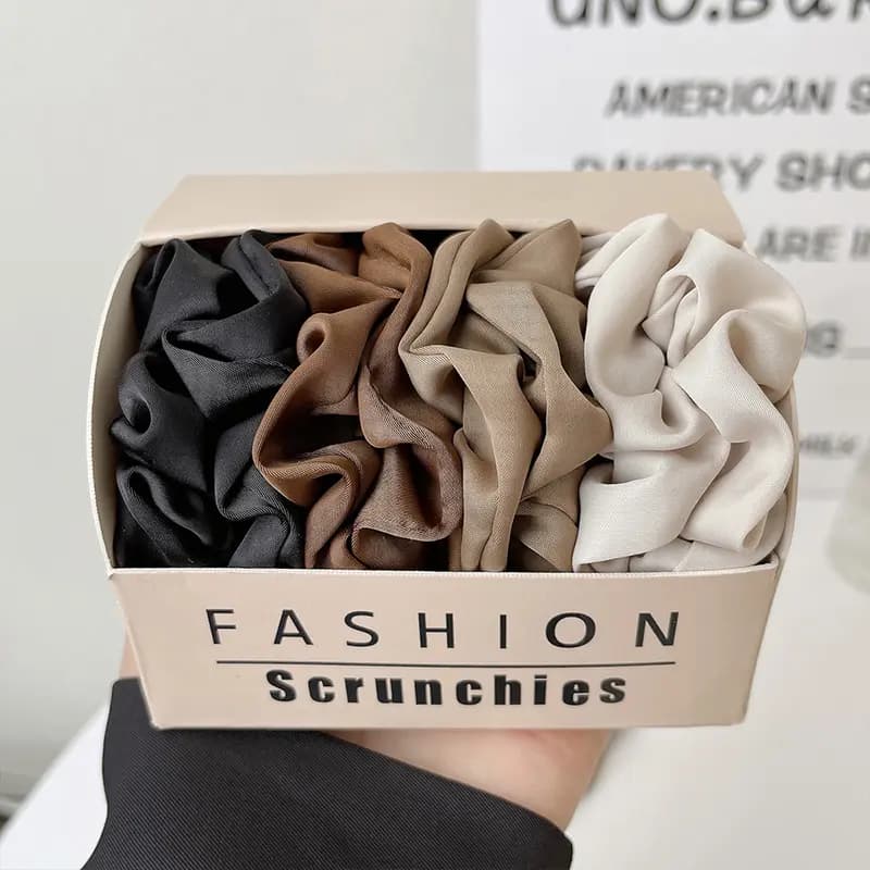 CHIMERA Apricot Brown Black Satin Boxed Scrunchie 8-Piece Set Women's Basic Ponytail Hair Bands 3