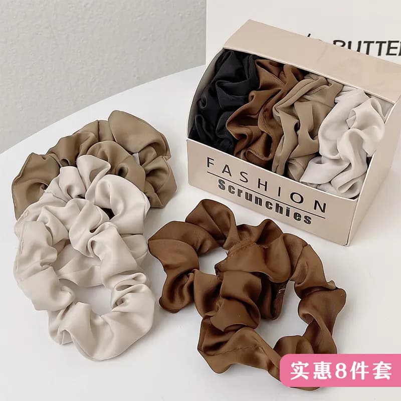 CHIMERA Apricot Brown Black Satin Boxed Scrunchie 8-Piece Set Women's Basic Ponytail Hair Bands 10