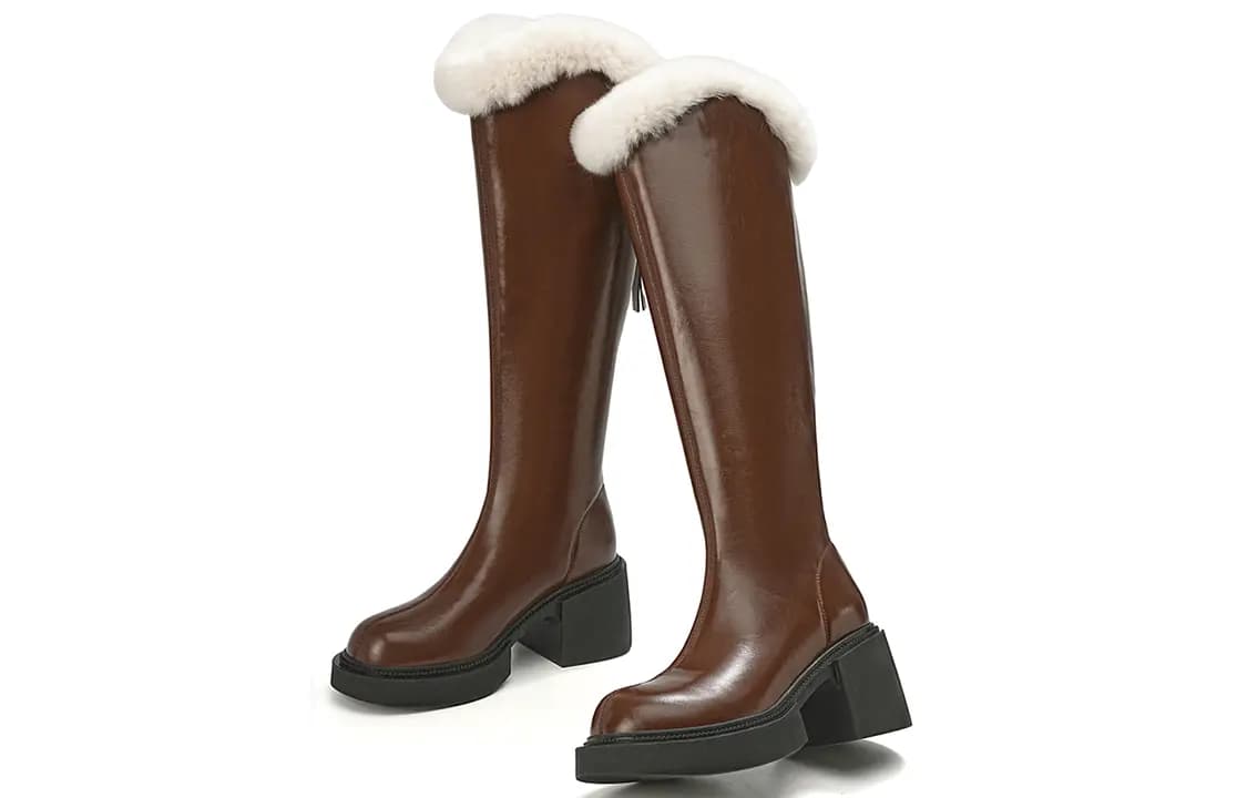 EBLAN PU Comfortable Thick Sole Versatile High Boots Women's Brown 3