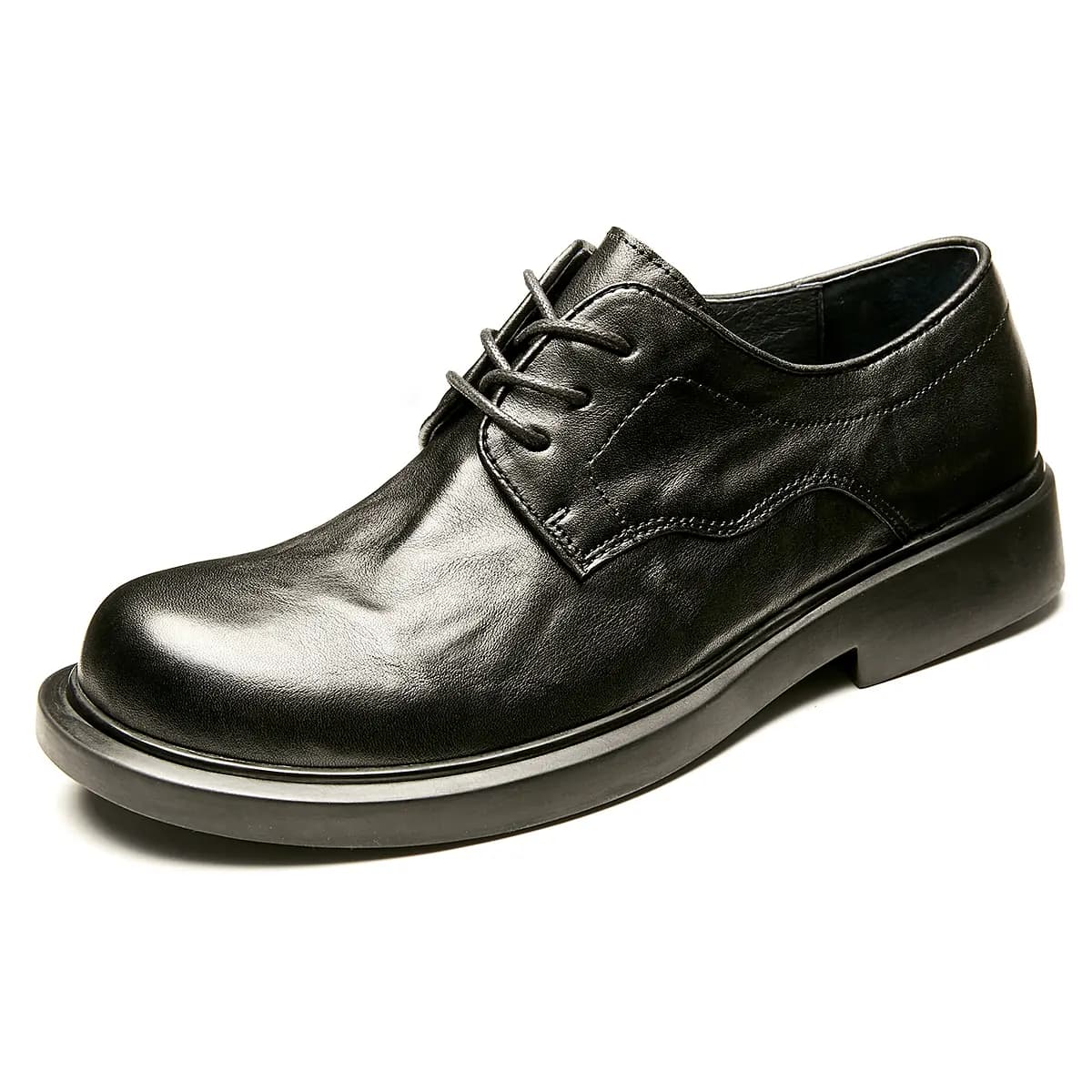 Brounvanm Top Layer Leather Round Toe Chunky Heel Comfort Versatile Lightweight Wear-Resistant Formal Leather Shoes Men's 2