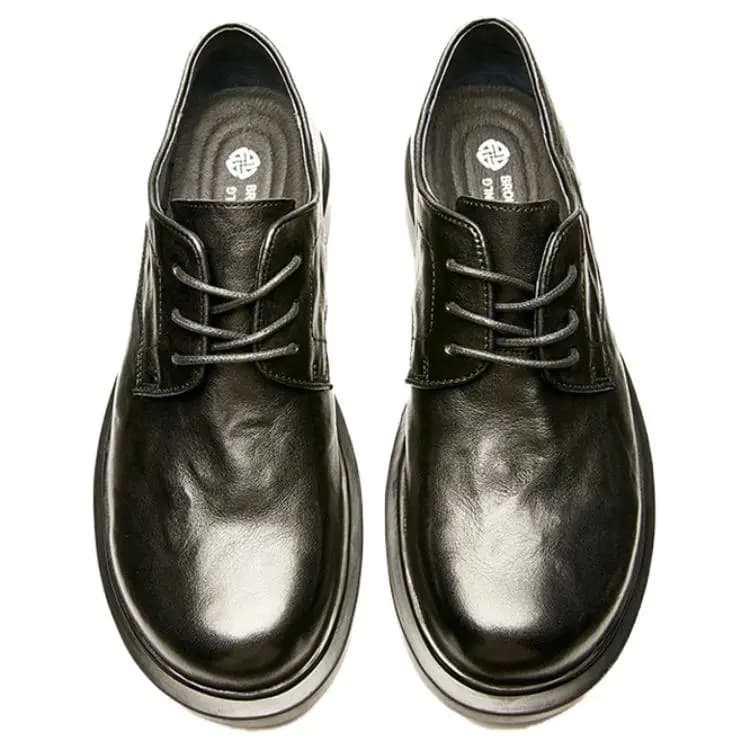 Brounvanm Top Layer Leather Round Toe Chunky Heel Comfort Versatile Lightweight Wear-Resistant Formal Leather Shoes Men's 8