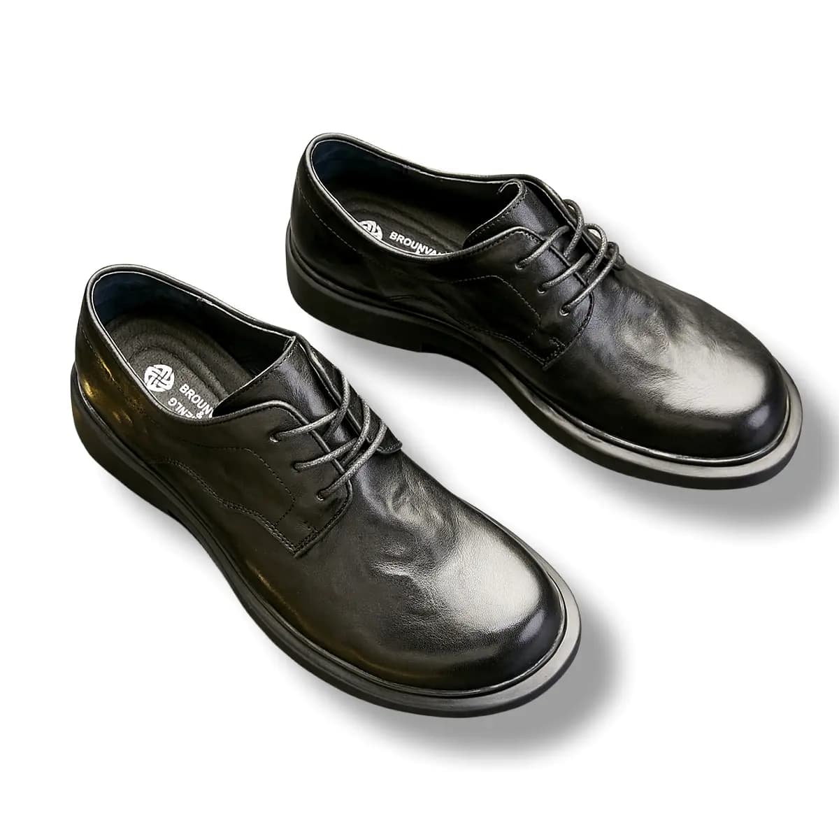 Brounvanm Top Layer Leather Round Toe Chunky Heel Comfort Versatile Lightweight Wear-Resistant Formal Leather Shoes Men's 5