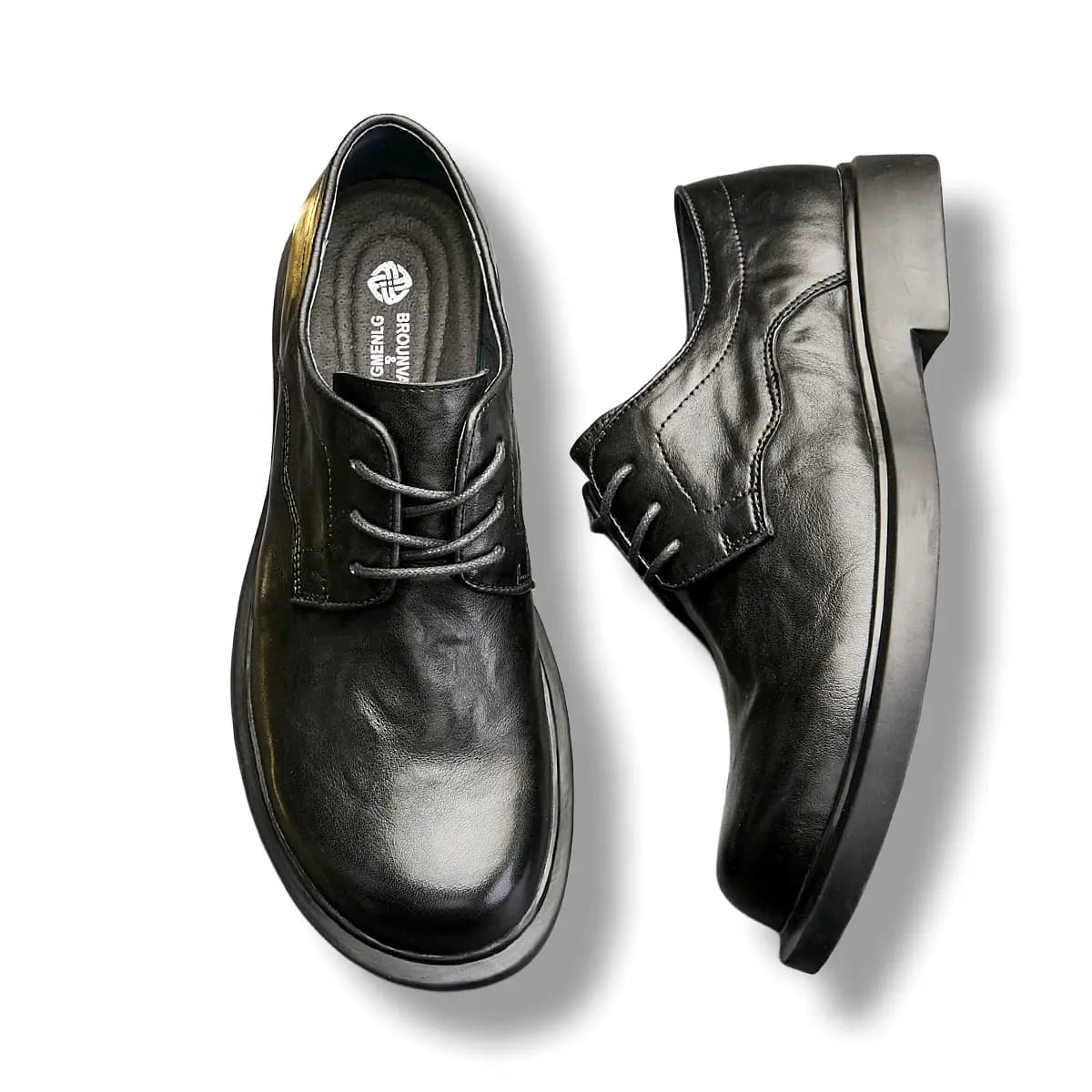 Brounvanm Top Layer Leather Round Toe Chunky Heel Comfort Versatile Lightweight Wear-Resistant Formal Leather Shoes Men's 3