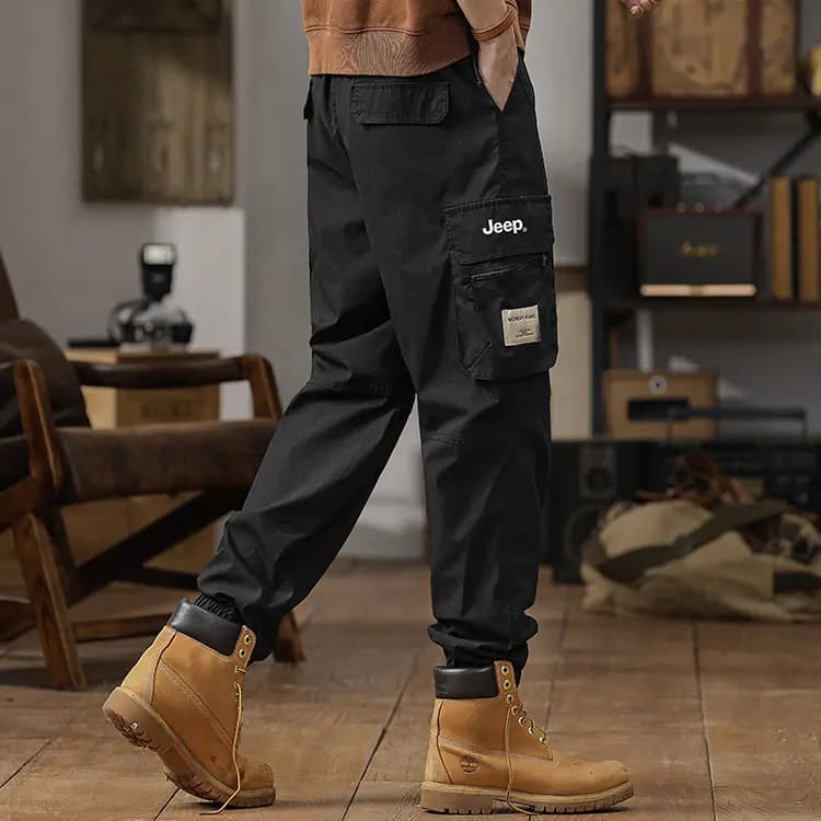 Jeep Summer Thin American Classic Vintage Solid Color Straight Elastic Waist Pocket Cargo Pants Men's 4