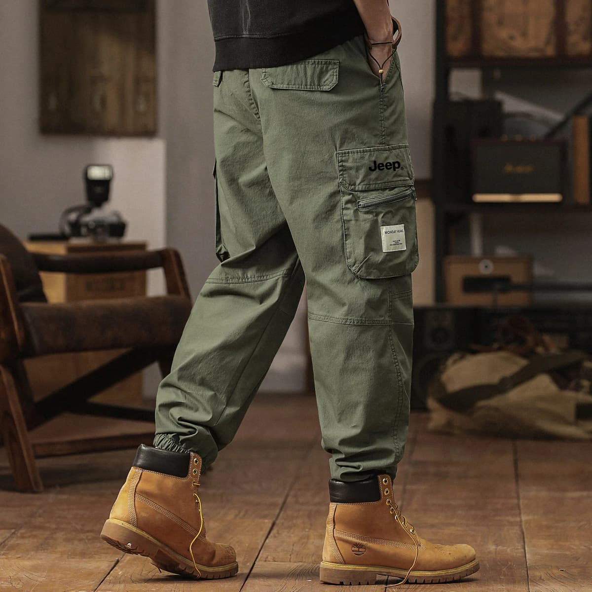 Jeep Summer Thin American Classic Vintage Solid Color Straight Elastic Waist Pocket Cargo Pants Men's 12