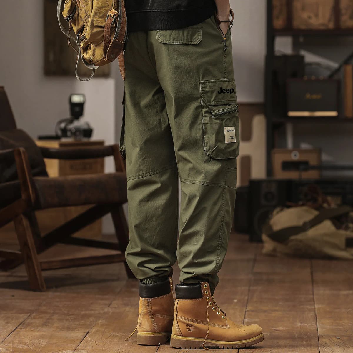 Jeep Summer Thin American Classic Vintage Solid Color Straight Elastic Waist Pocket Cargo Pants Men's 20
