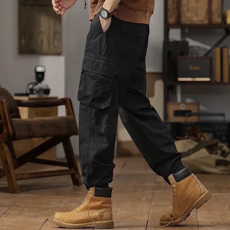Jeep Summer Thin American Classic Vintage Solid Color Straight Elastic Waist Pocket Cargo Pants Men's 3