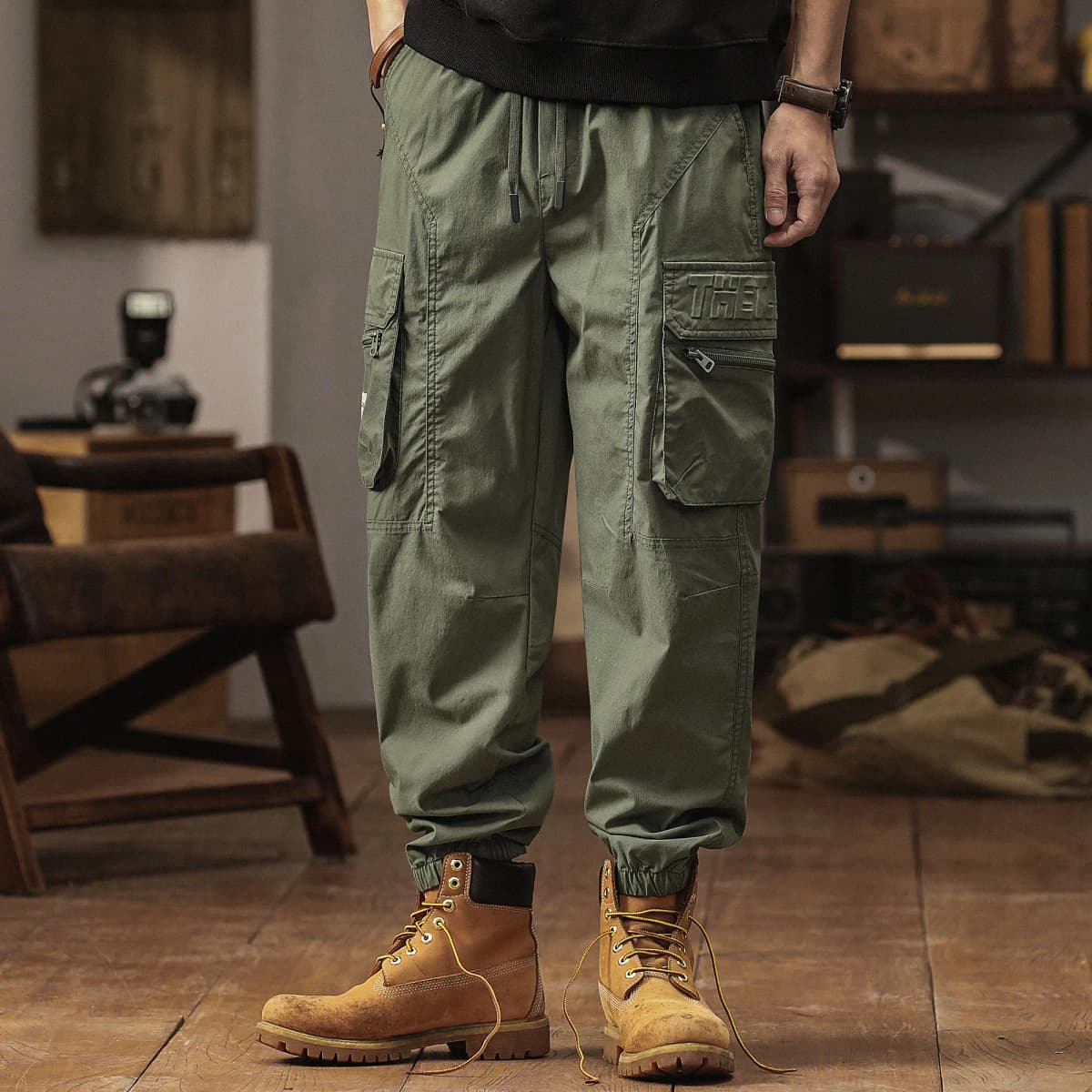 Jeep Summer Thin American Classic Vintage Solid Color Straight Elastic Waist Pocket Cargo Pants Men's 10