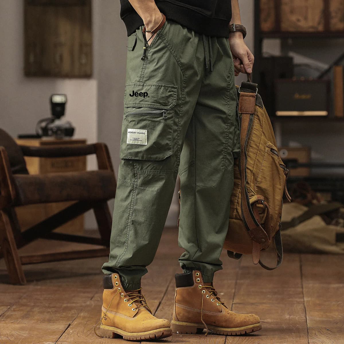 Jeep Summer Thin American Classic Vintage Solid Color Straight Elastic Waist Pocket Cargo Pants Men's 13