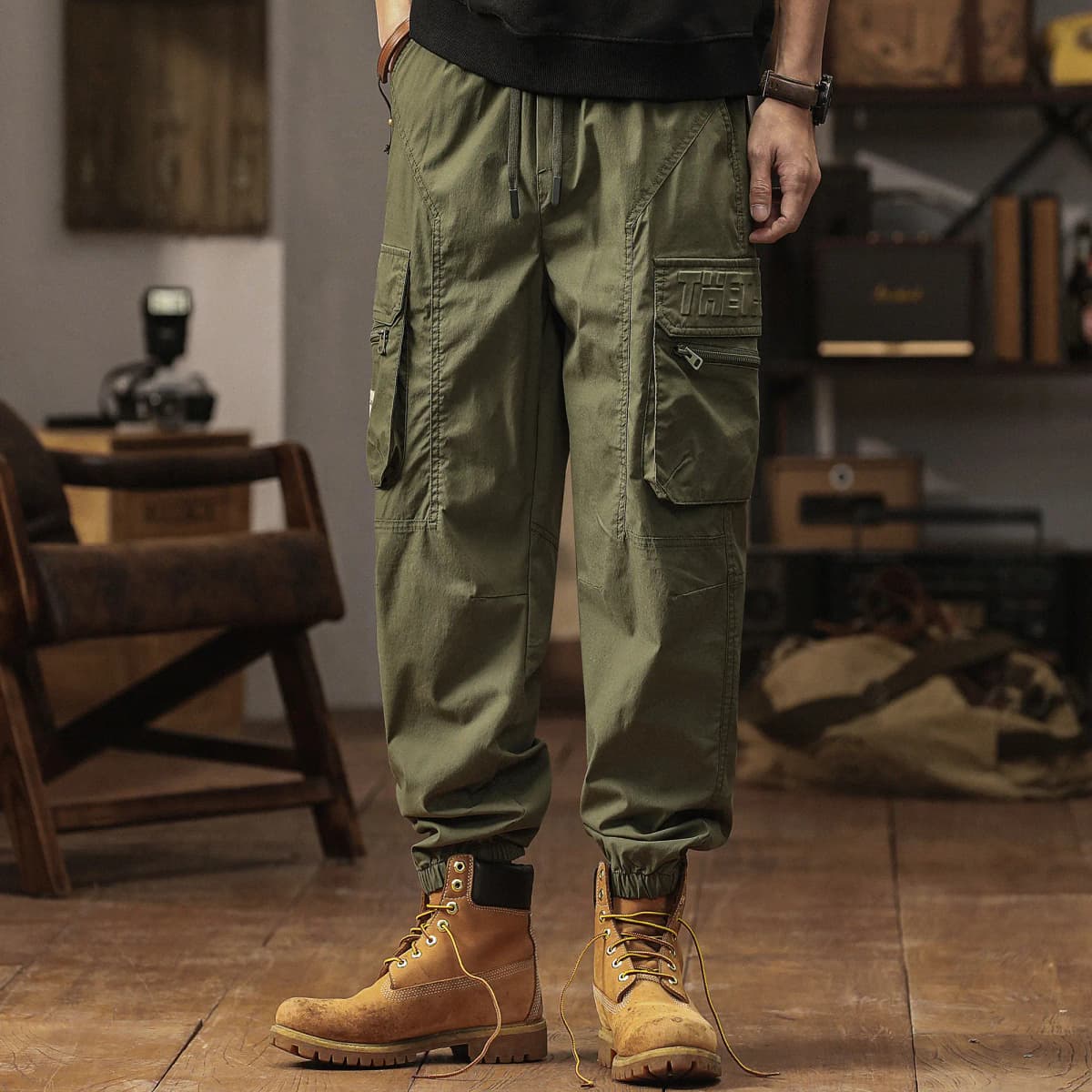 Jeep Summer Thin American Classic Vintage Solid Color Straight Elastic Waist Pocket Cargo Pants Men's 17