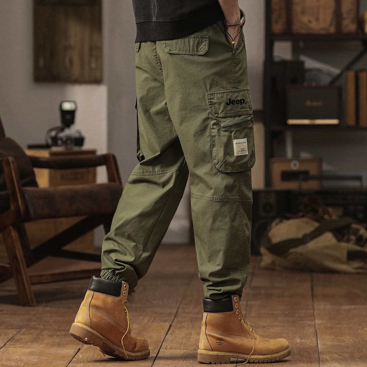 Jeep Summer Thin American Classic Vintage Solid Color Straight Elastic Waist Pocket Cargo Pants Men's 19