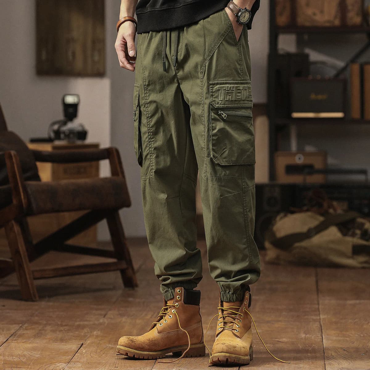 Jeep Summer Thin American Classic Vintage Solid Color Straight Elastic Waist Pocket Cargo Pants Men's 16