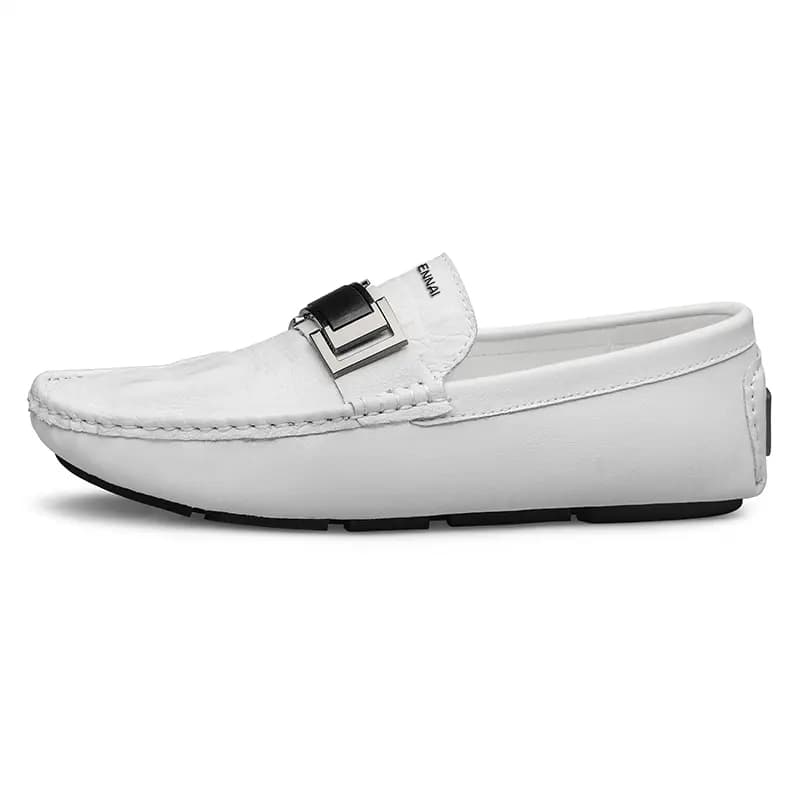 Wennai Top Layer Cowhide Leather Business Fashion Loafers Comfortable Breathable Wear-Resistant Slip-On Shoes Men's White