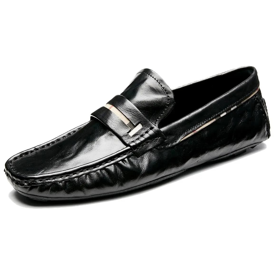 Brounvanm Top Layer Cowhide Leather Soft Sole Comfortable Breathable Slip-On Loafers Men's Black 2