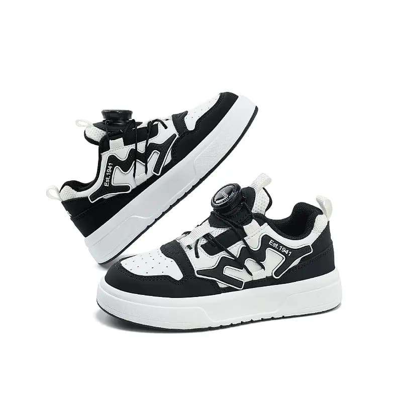 Kids Jeep White Shoes Twist Button Breathable Comfort Low-Top Lightweight Wear-Resistant Versatile Kids Skate Shoes Black-White 4
