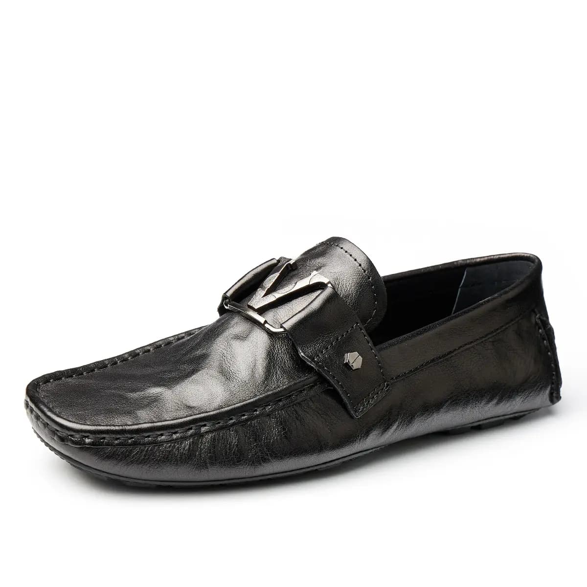 Brounvanm Top Layer Leather Slip-On Round Toe Breathable Loafer Business Casual Youth Men's Black 2