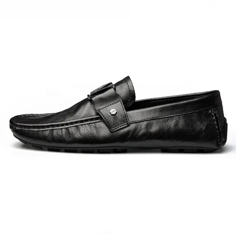 Brounvanm Top Layer Leather Slip-On Round Toe Breathable Loafer Business Casual Youth Men's Black