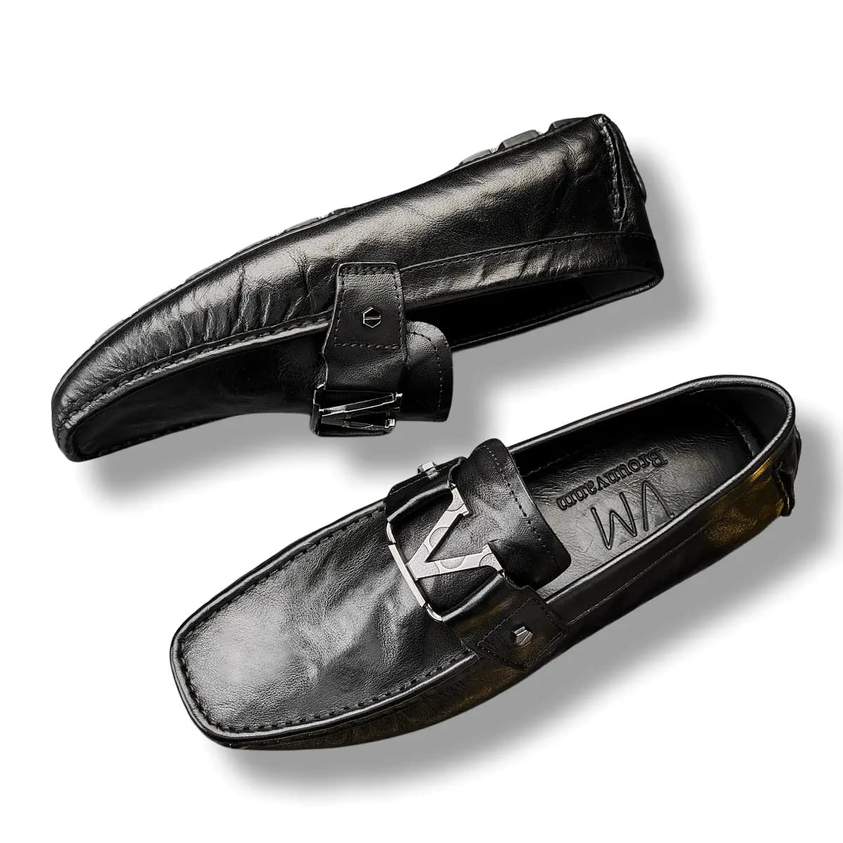 Brounvanm Top Layer Leather Slip-On Round Toe Breathable Loafer Business Casual Youth Men's Black 5