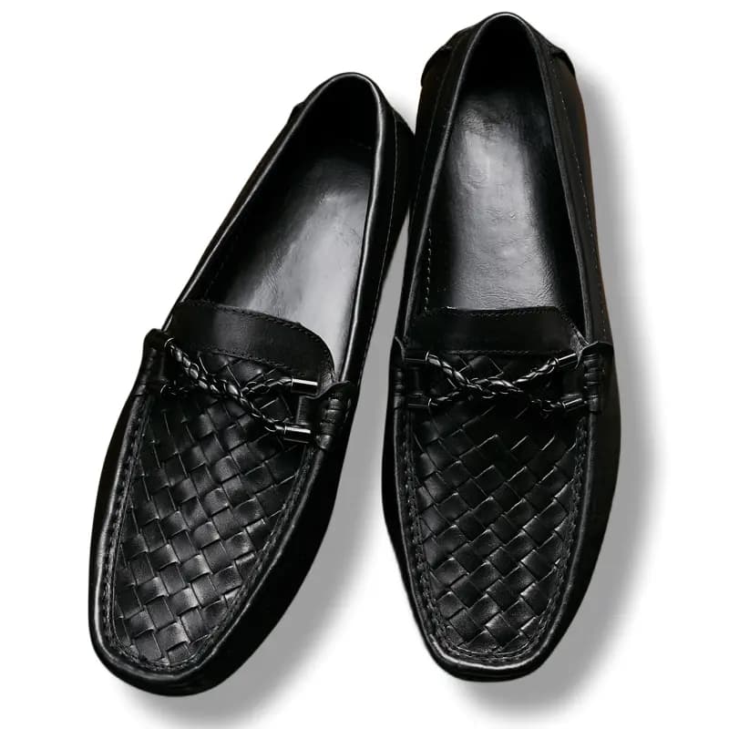 Brounvanm Genuine Leather Woven Casual Driving Loafers Men's Black 3