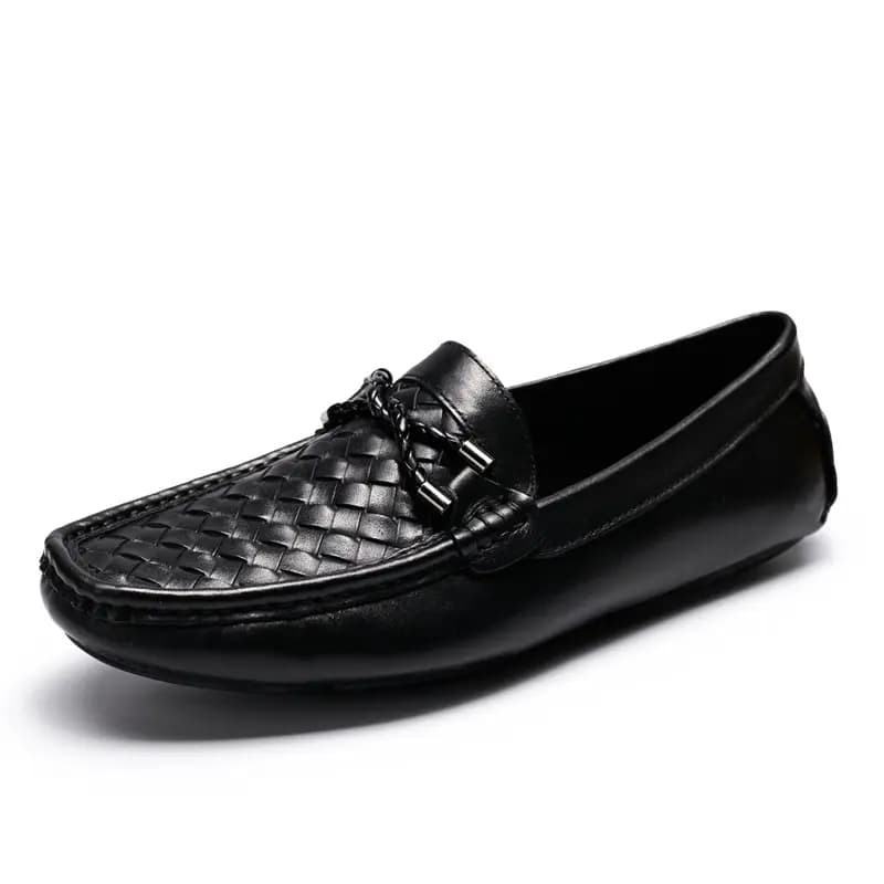 Brounvanm Genuine Leather Woven Casual Driving Loafers Men's Black 2