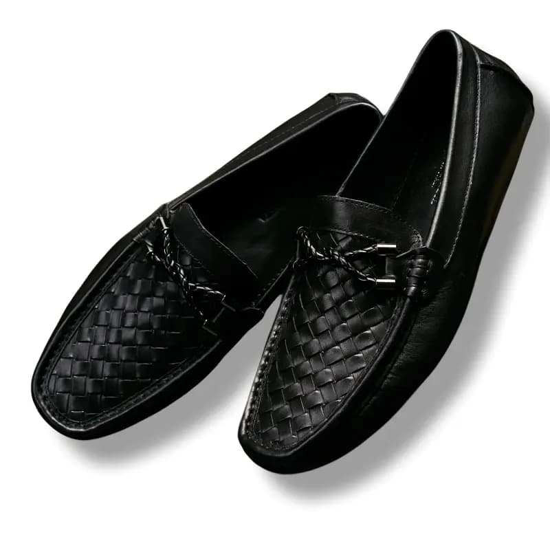 Brounvanm Genuine Leather Woven Casual Driving Loafers Men's Black 4